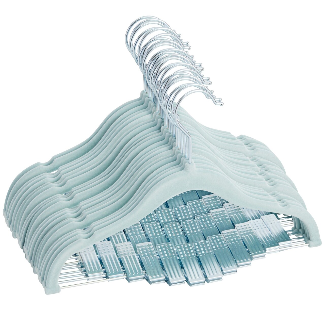 24-Pack Light Blue Velvet Hangers with Movable Clips for Baby and Kids Clothes, Slip-Resistant, Space-Saving for Pants, Leggings, Skirts, Shorts, Jackets, 360 Degree Swivel Hook (12x8 in), Ages 3-14